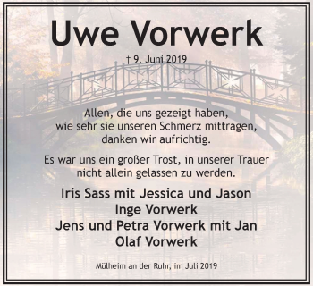 Traueranzeige von Uwe Vorwerk von Mülheimer Woche