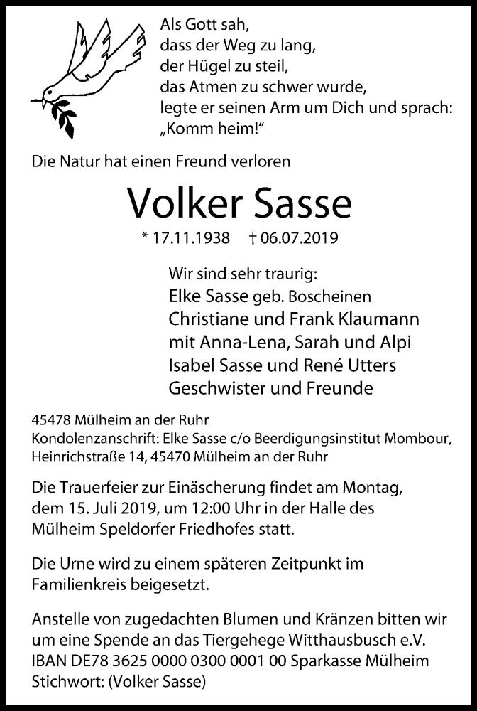  Traueranzeige für Volker Sasse vom 10.07.2019 aus Mülheimer Woche