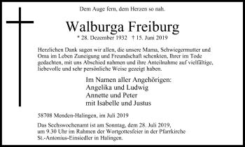 Traueranzeige von Walburga Freiburg von Stadtspiegel Menden + Froendenberg