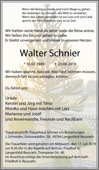 Traueranzeige von Walter Schnier von Wochen-Anzeiger Langenfeld/Monheim/Hilden
