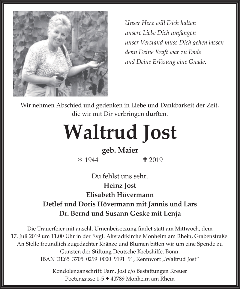  Traueranzeige für Waltrud Jost vom 13.07.2019 aus Wochen-Anzeiger Langenfeld/Monheim/Hilden
