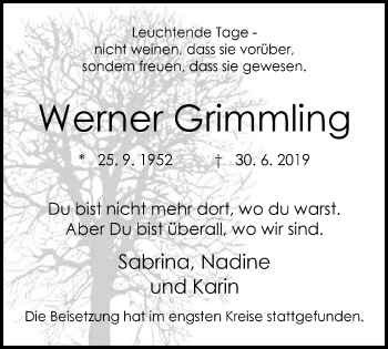 Traueranzeige von Werner Grimmling von Wochen-Anzeiger Oberhausen