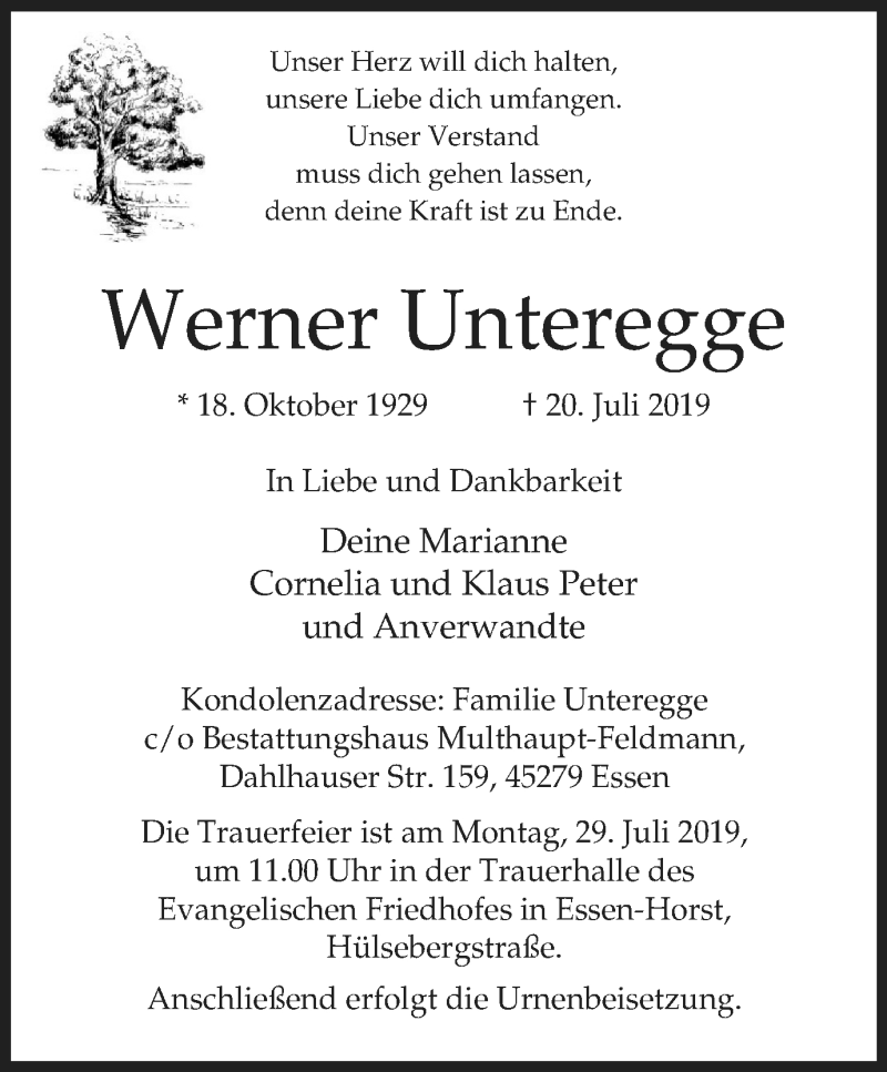  Traueranzeige für Werner Unteregge vom 27.07.2019 aus Stadtspiegel Bochum + Wattenscheid