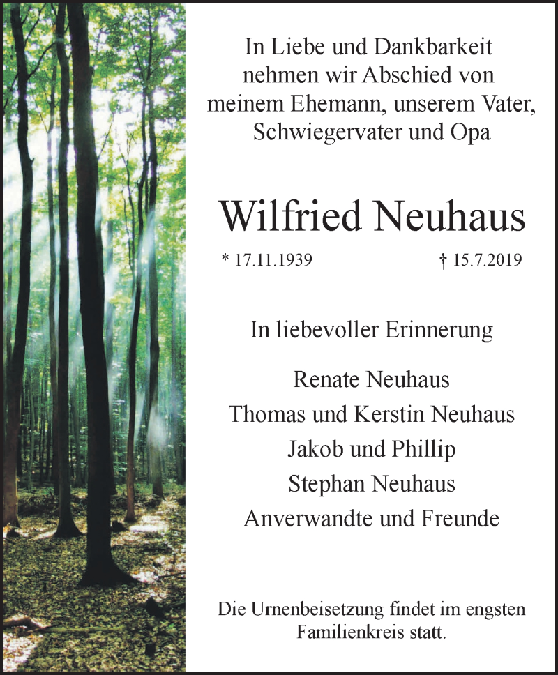  Traueranzeige für Wilfried Neuhaus vom 24.07.2019 aus Kettwig Kurier