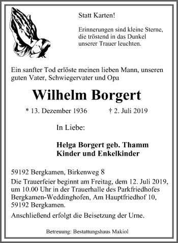 Traueranzeige von Wilhelm Borgert von Stadtspiegel Kamen + Unna