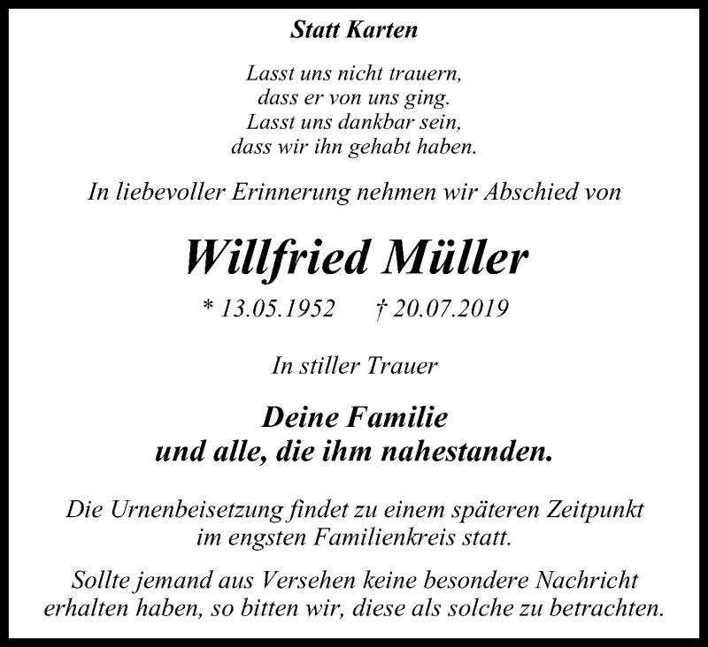  Traueranzeige für Willfried Müller vom 27.07.2019 aus Wochen-Anzeiger Oberhausen