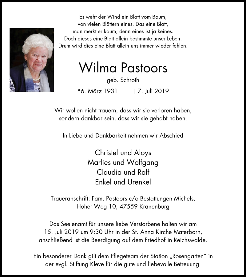  Traueranzeige für Wilma Pastoors vom 13.07.2019 aus Klever Wochenblatt