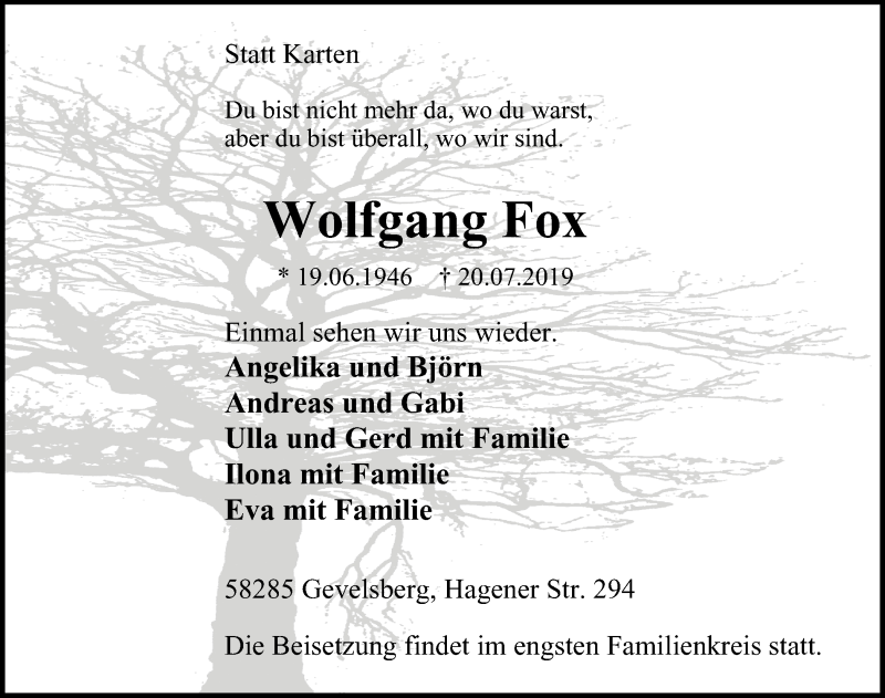  Traueranzeige für Wolfgang Fox vom 27.07.2019 aus wap Schwelm/Gevelsberg/Ennepetal