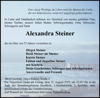 Traueranzeige von Alexandra Steiner von Stadtspiegel Iserlohn + Hemer