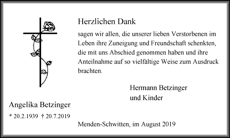  Traueranzeige für Angelika Betzinger vom 31.08.2019 aus Stadtspiegel Menden + Froendenberg