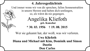 Traueranzeige von Angelika Kliefoth von Wochen-Anzeiger Oberhausen