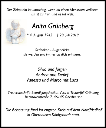 Traueranzeige von Anita Grünberg von Wochen-Anzeiger Oberhausen
