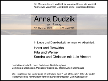 Traueranzeige von Anna Dudzik von Lüner Anzeiger