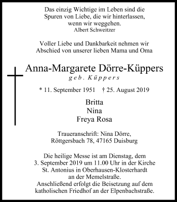 Traueranzeige von Anna-Margarete Dörre-Küppers von Wochen-Anzeiger Oberhausen