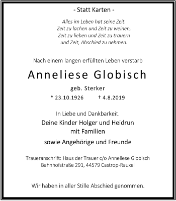 Traueranzeige von Anneliese Globisch von Stadtanz.Castrop-Rauxel
