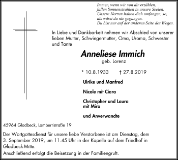 Traueranzeige von Anneliese Immich von Stadtspiegel Gladbeck