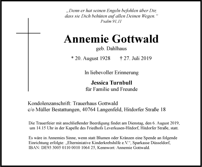  Traueranzeige für Annemie Gottwald vom 03.08.2019 aus Wochen-Anzeiger Langenfeld/Monheim/Hilden