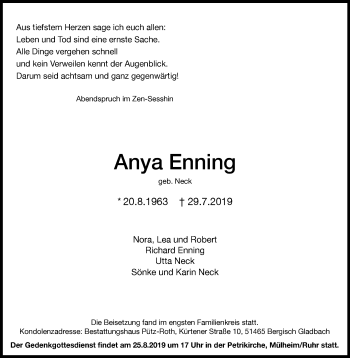 Traueranzeige von Anya Enning von Mülheimer Woche