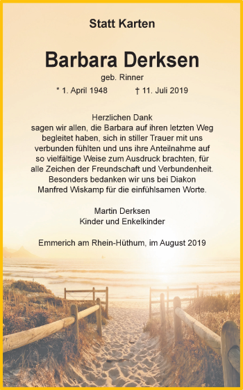 Traueranzeige von Barbara Derksen von Stadtanzeiger Emmerich/Rees/Isselburg