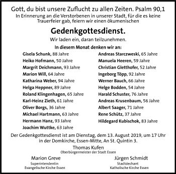 Traueranzeige von Bestattungen vom 10.08.2019 von Stadtspiegel Essen
