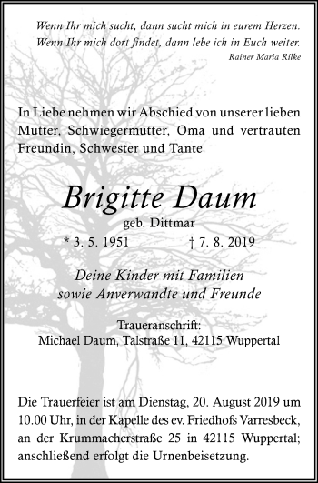 Traueranzeige von Brigitte Daum von Stadtanzeiger Velbert + Heiligenhaus
