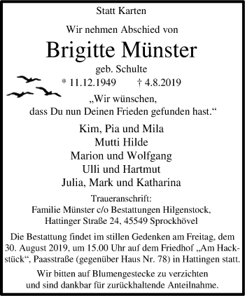 Traueranzeige von Brigitte Münster von Stadtspiegel Hattingen/Niedersprockhövel