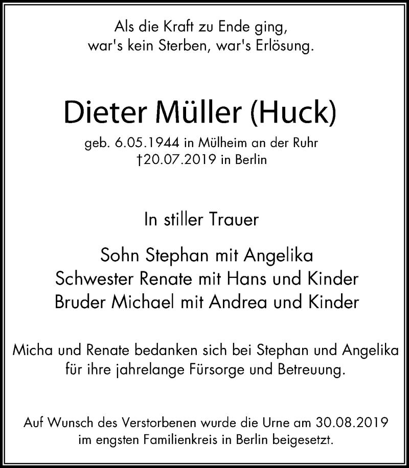  Traueranzeige für Dieter Müller vom 31.08.2019 aus Mülheimer Woche