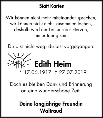 Traueranzeige von Edith Heim von Wochen-Anzeiger Langenfeld/Monheim/Hilden