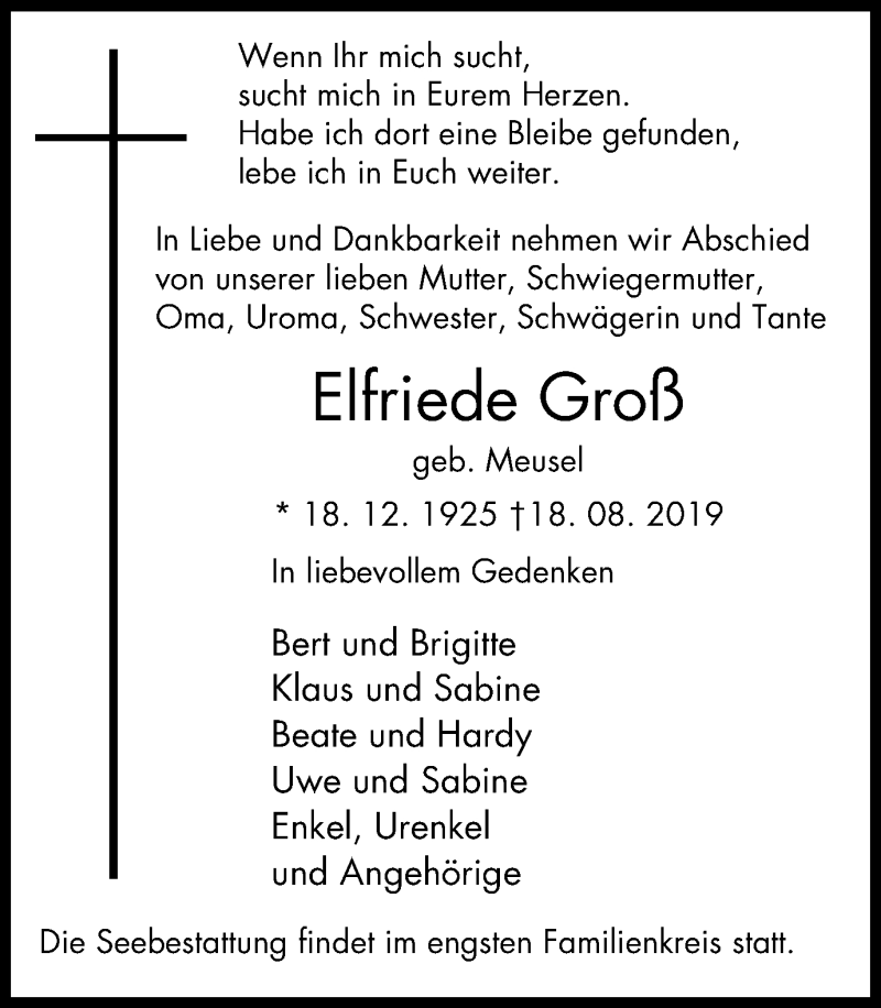  Traueranzeige für Elfriede Groß vom 24.08.2019 aus Wochen-Anzeiger Oberhausen