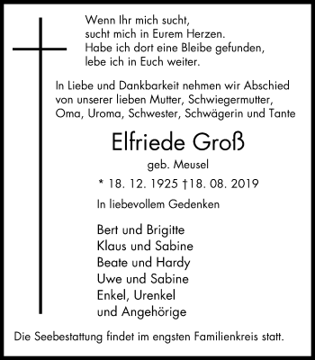 Traueranzeige von Elfriede Groß von Wochen-Anzeiger Oberhausen