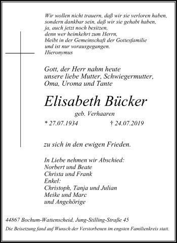 Traueranzeige von Elisabeth Bücker von Stadtspiegel Wattenscheid