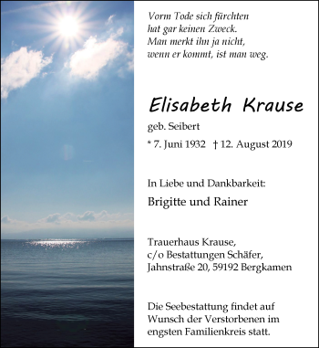 Traueranzeige von Elisabeth Krause von Lüner Anzeiger
