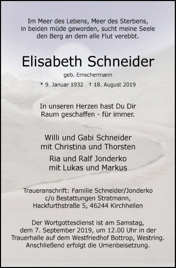 Traueranzeige von Elisabeth Schneider von Stadtspiegel Bottrop