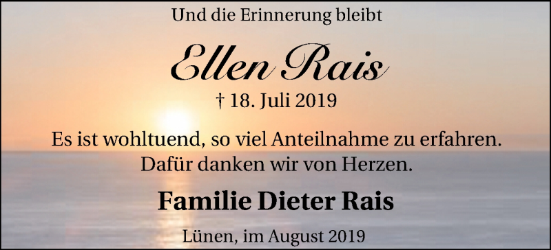  Traueranzeige für Ellen Rais vom 03.08.2019 aus Lüner Anzeiger