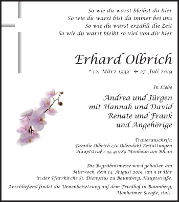 Traueranzeige von Erhard Olbrich von Wochen-Anzeiger Langenfeld/Monheim/Hilden