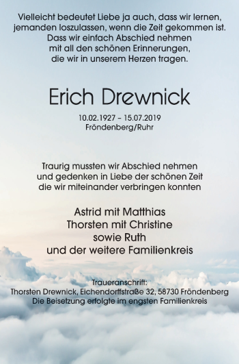 Traueranzeige von Erich Drewnick von WVW Anzeigenblätter