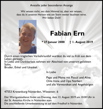 Traueranzeige von Fabian Ern von Klever Wochenblatt