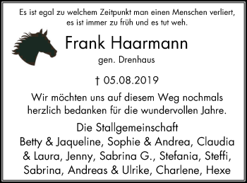 Traueranzeige von Frank Haarmann von Stadtspiegel Hattingen/Niedersprockhövel