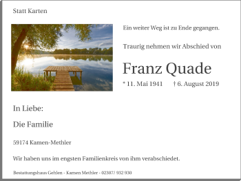 Traueranzeige von Franz Quade von Stadtspiegel Kamen + Unna