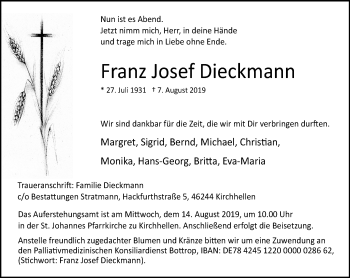 Traueranzeige von Franz Josef Dieckmann von Stadtspiegel Bottrop