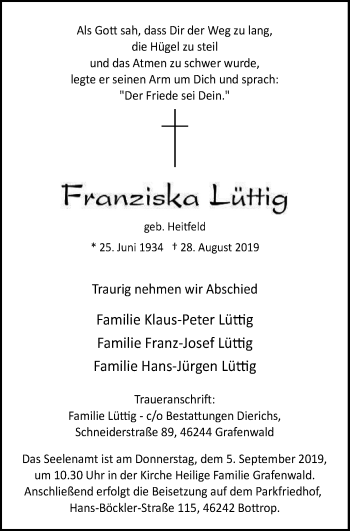 Traueranzeige von Franziska Lüttig von Stadtspiegel Bottrop
