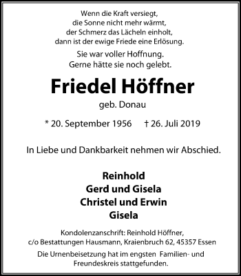 Traueranzeige von Friedel Höffner von West Anzeiger Essen