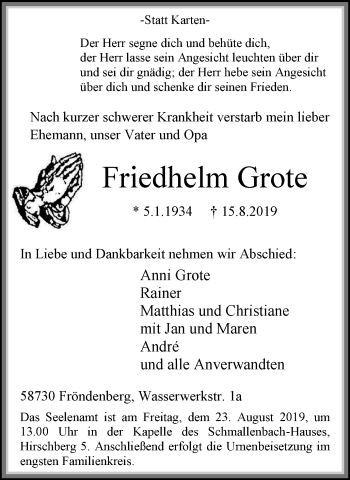 Traueranzeige von Friedhelm Grote von Stadtspiegel Menden + Froendenberg