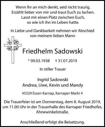 Traueranzeige von Friedhelm Sadowski von Nord Anzeiger Essen