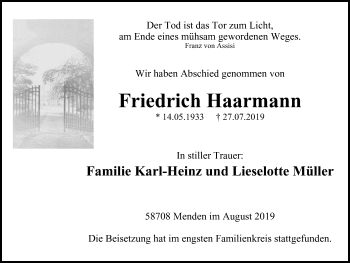 Traueranzeige von Friedrich Haarmann von Stadtspiegel Menden + Froendenberg