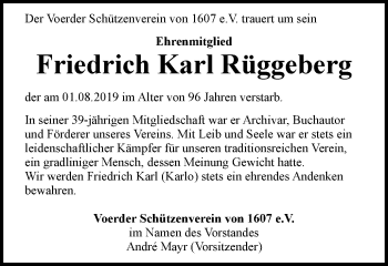 Traueranzeige von Friedrich Karl Rüggeberg von wap Schwelm/Gevelsberg/Ennepetal