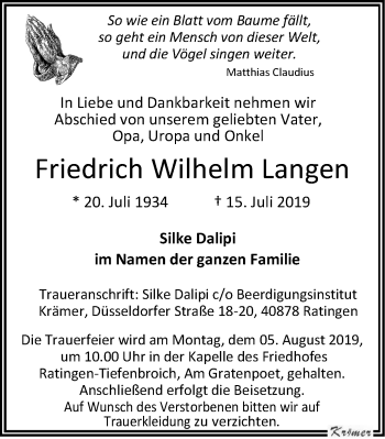 Traueranzeige von Friedrich Wilhelm Langen von WVW Anzeigenblätter