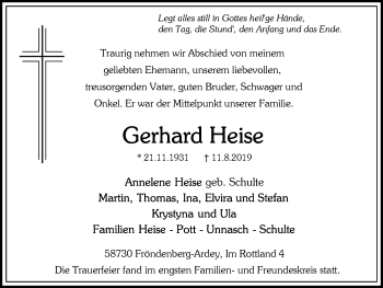 Traueranzeige von Gerhard Heise von Stadtspiegel Menden + Froendenberg