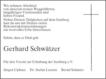 Traueranzeige von Gerhard Schwätzer von Stadtspiegel Hattingen/Niedersprockhövel