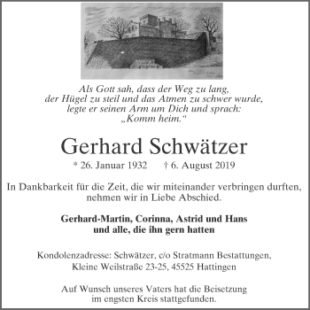 Traueranzeige von Gerhard Schwätzer von Stadtspiegel Hattingen/Niedersprockhövel